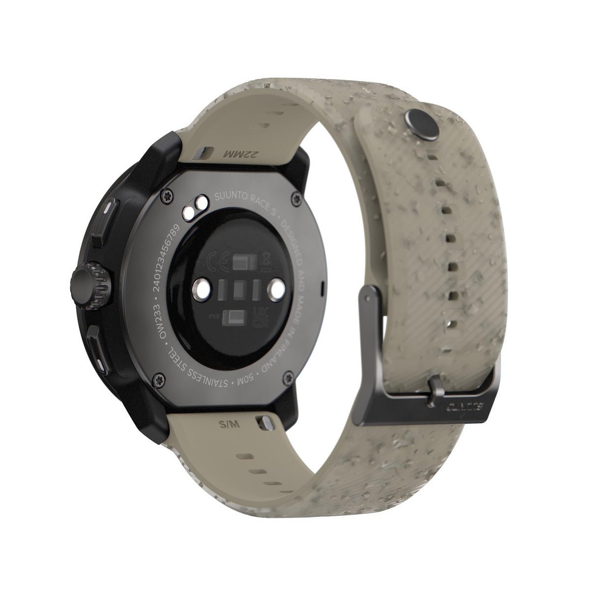Suunto Race S smartwatch back view with optical sensor area and grave gray strap