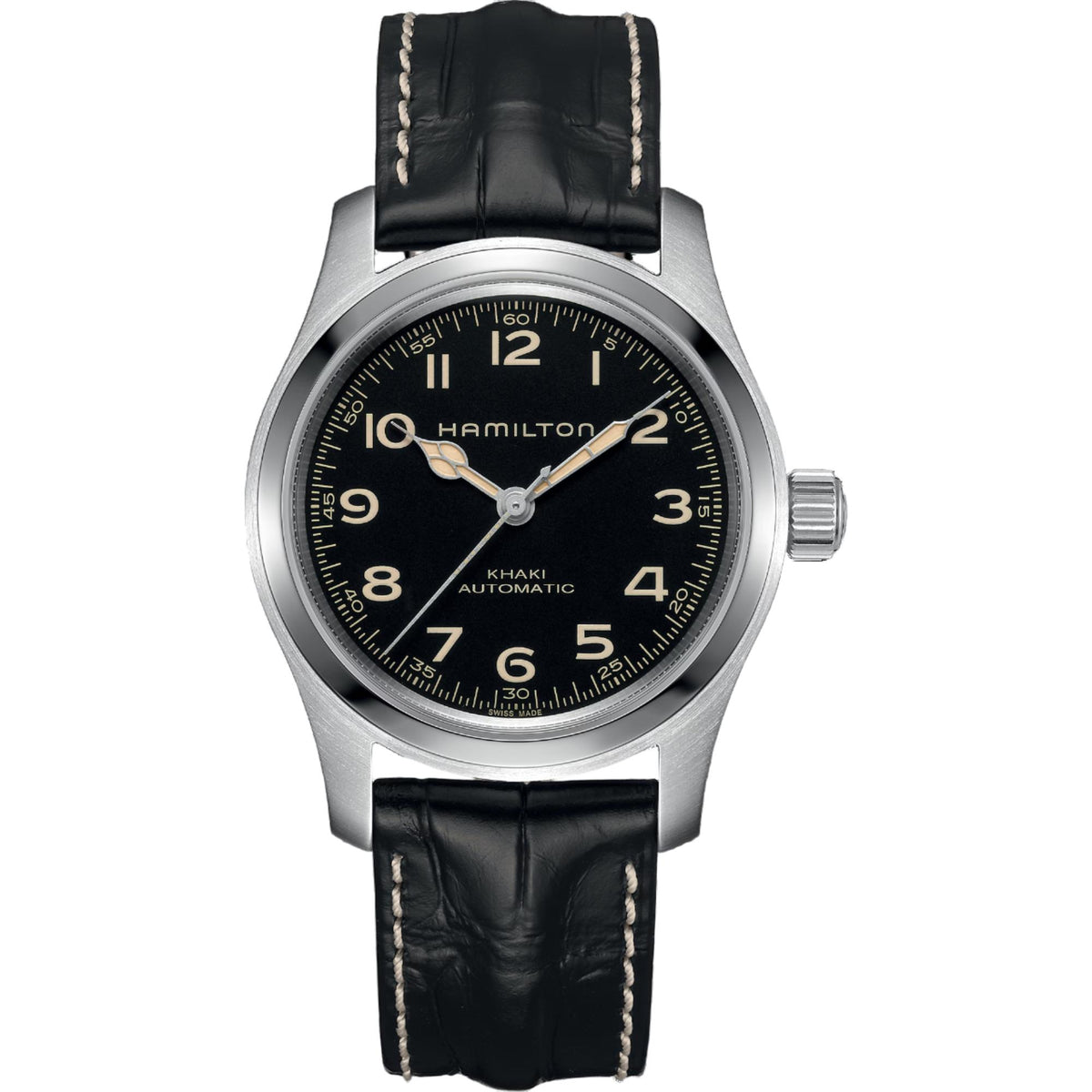 Hamilton Khaki Field Murph H70605732 mens watch with black dial, beige cathedral hands, and black leather strap
