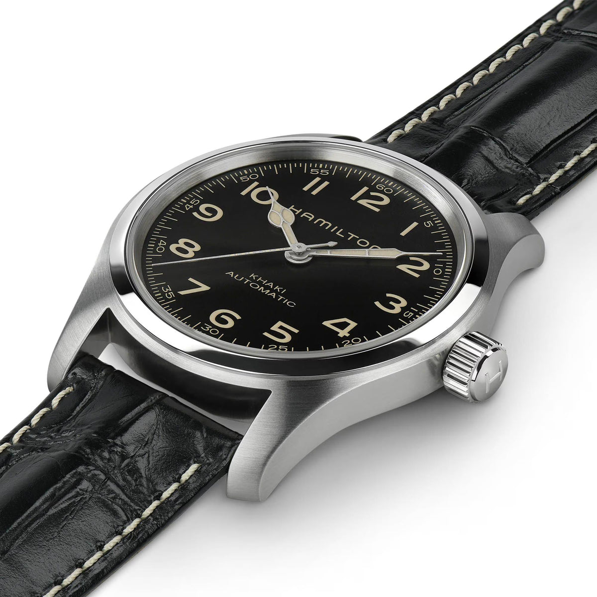 Close-up of Hamilton Khaki Field Murph H70605732 showing brushed steel case, black dial, and vintage-style numerals