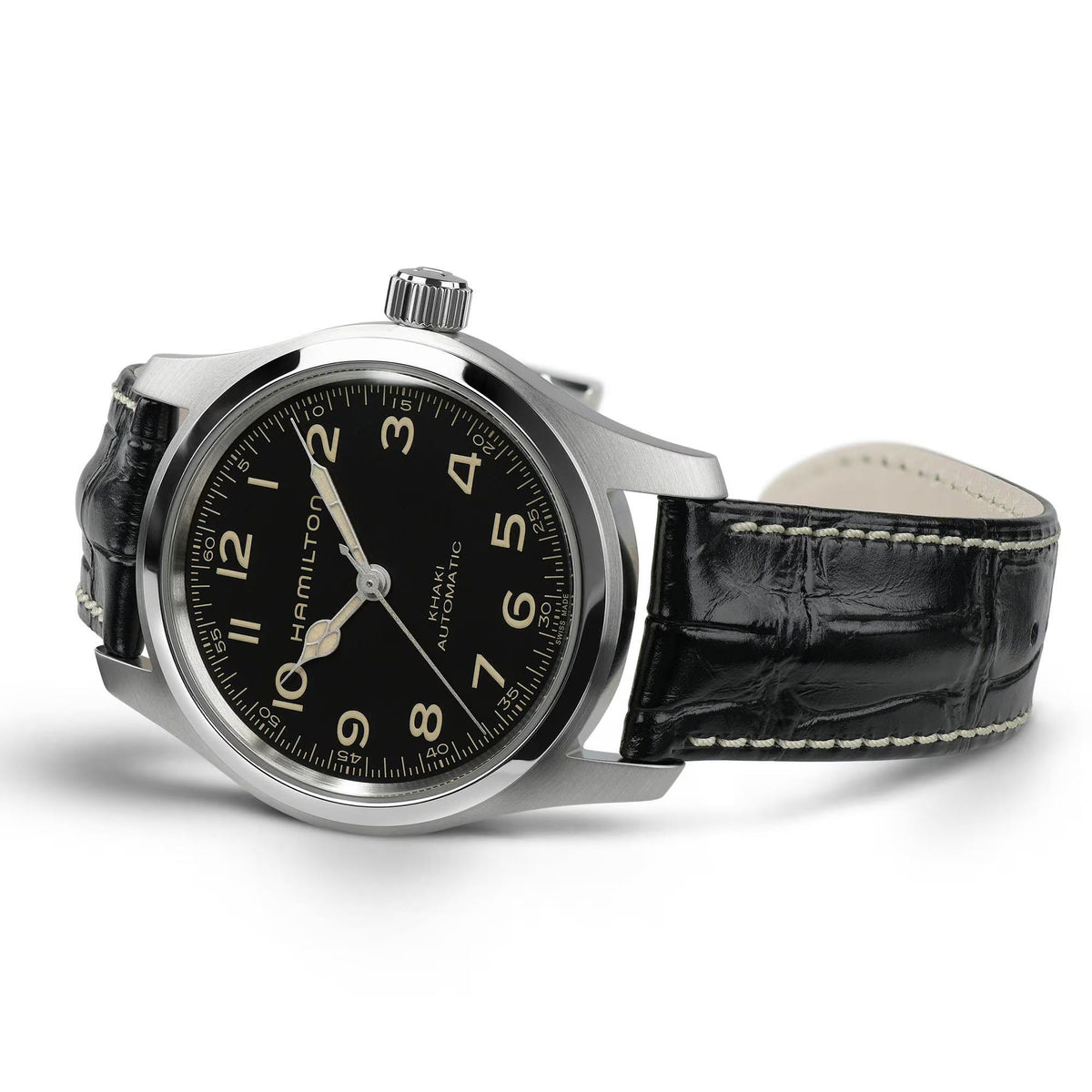 Hamilton Khaki Field Murph H70605732 automatic wristwatch lying flat with textured leather strap and winding crown