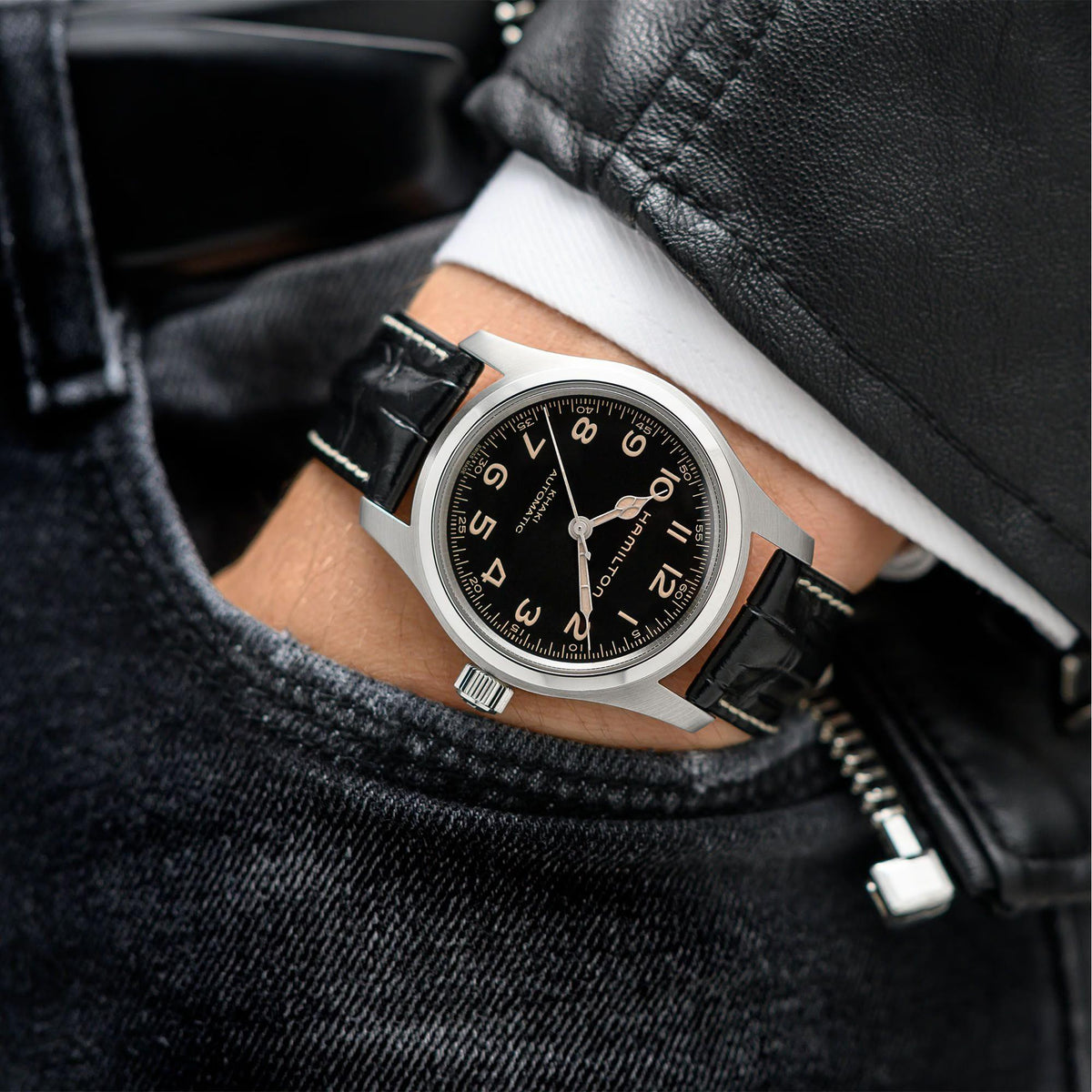 Hamilton Khaki Field Murph H70605732 Swiss automatic field watch with black leather strap displayed on wrist