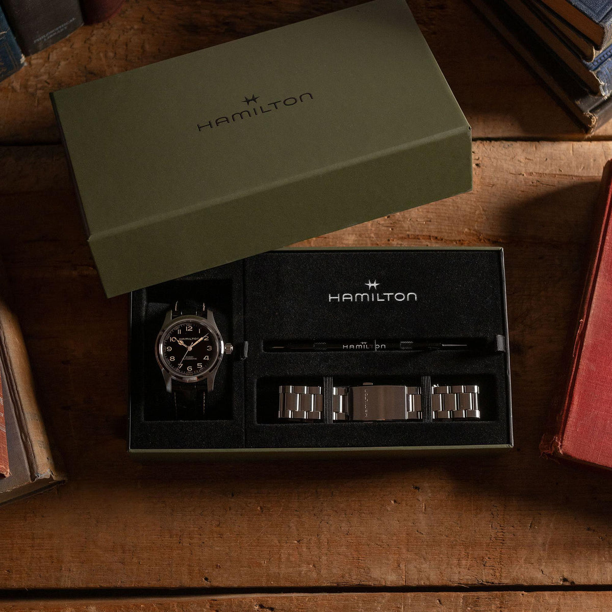 Hamilton Khaki Field Murph H70605732 luxury presentation box bundle containing an automatic watch and spare steel bracelet