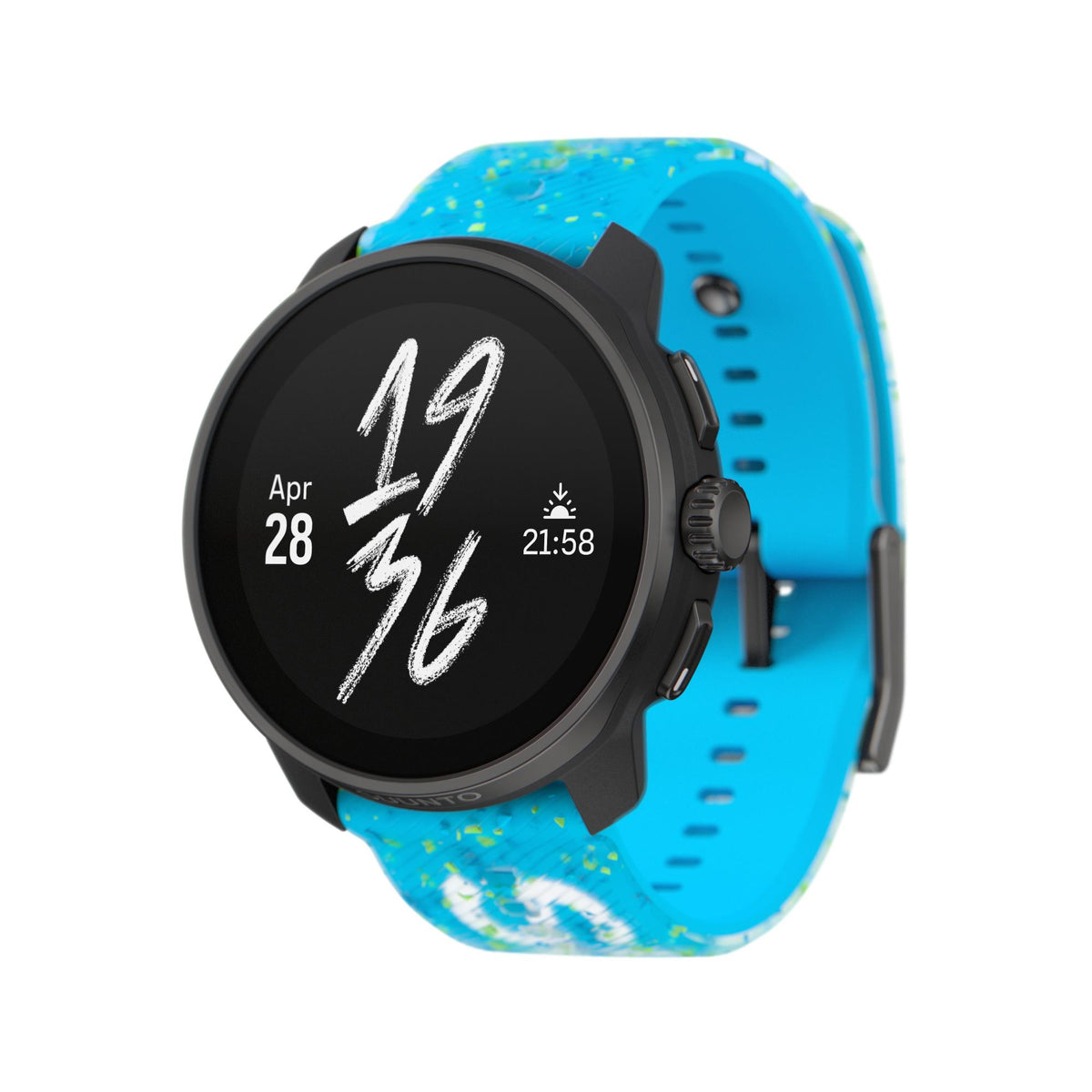 Suunto Race S Power Blue SS051015000 angled view showing digital time screen and black bezel profile