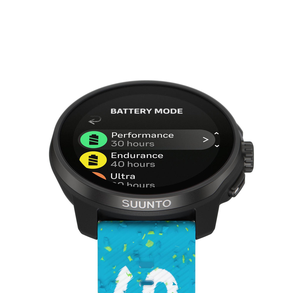 Suunto Race S Power Blue SS051015000 close-up perspective showing battery mode menu options and side crown button