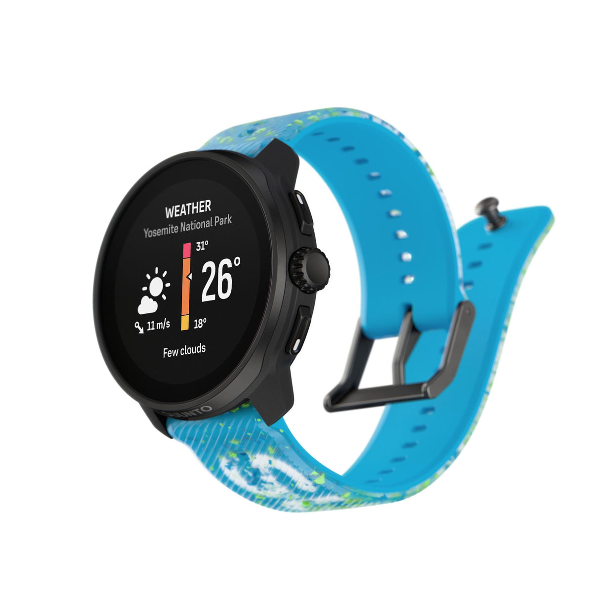 Suunto Race S Power Blue SS051015000 side perspective showing weather forecast tracking display and pin buckle