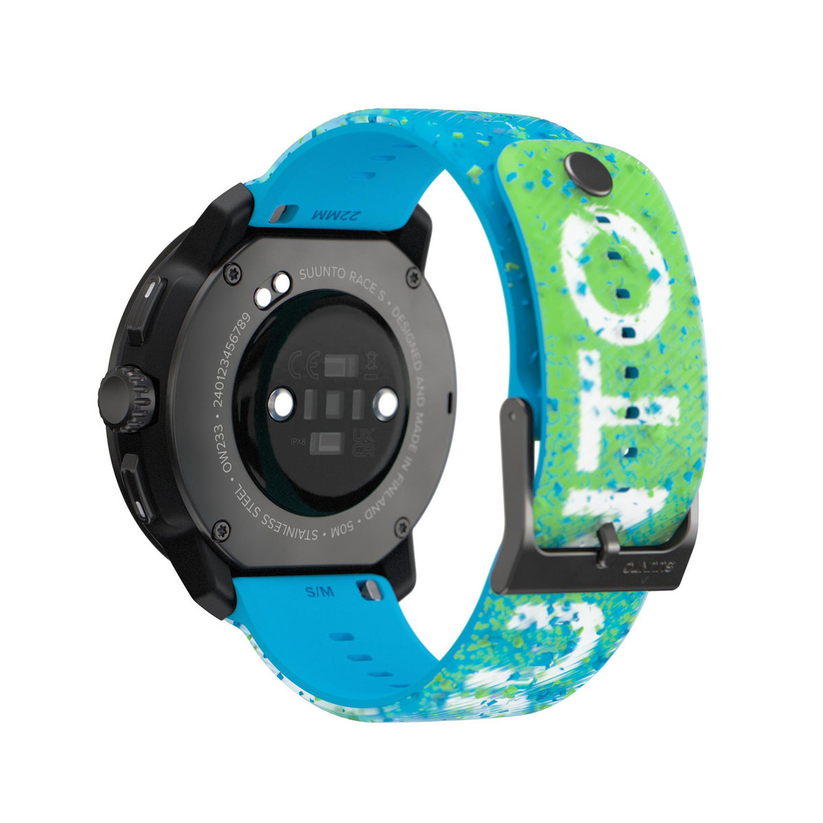 Suunto Race S Power Blue SS051015000 rear view displaying optical heart rate sensor and charging contacts