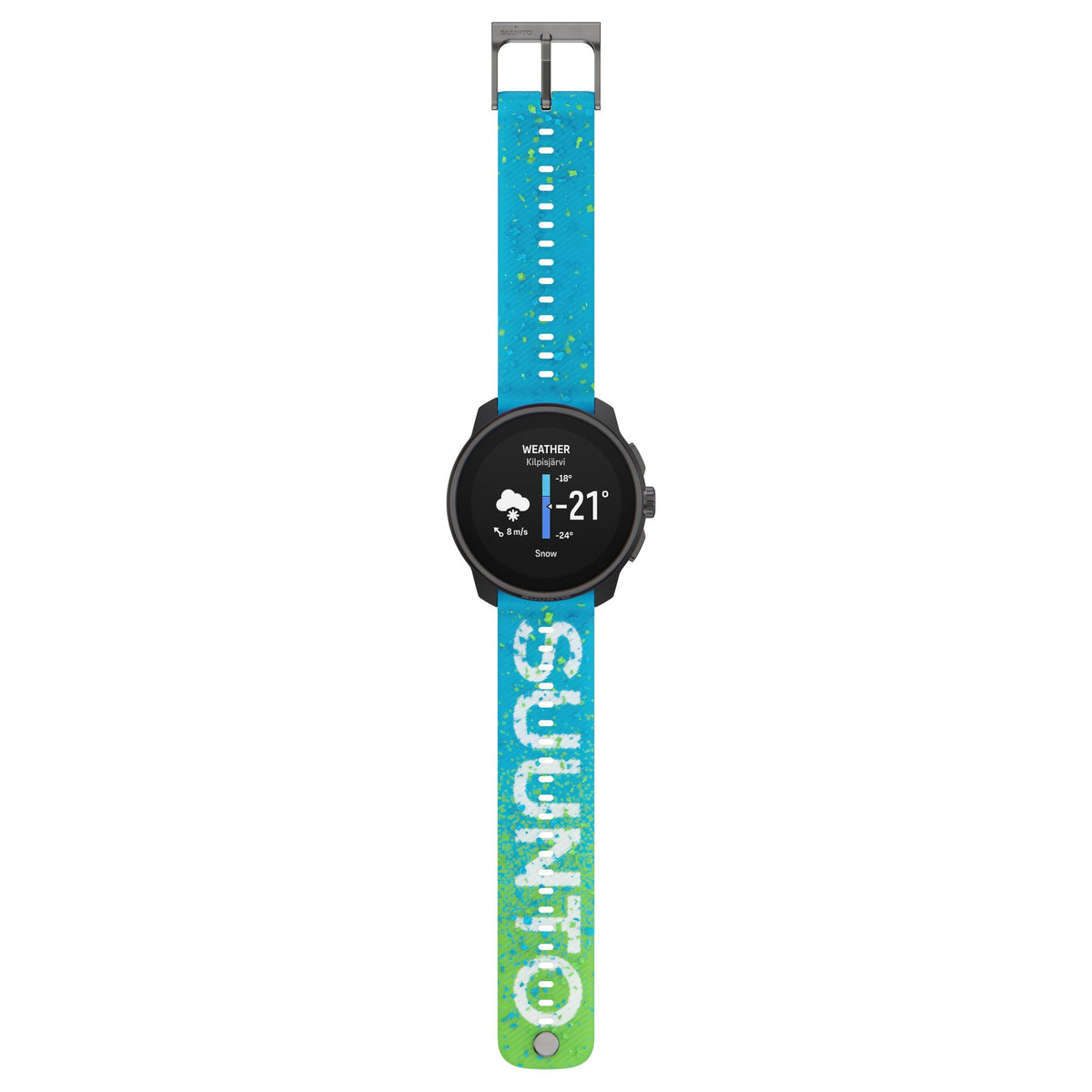 Suunto Race S Power Blue SS051015000 full vertical lay-flat view showing weather interface and power blue silicone strap