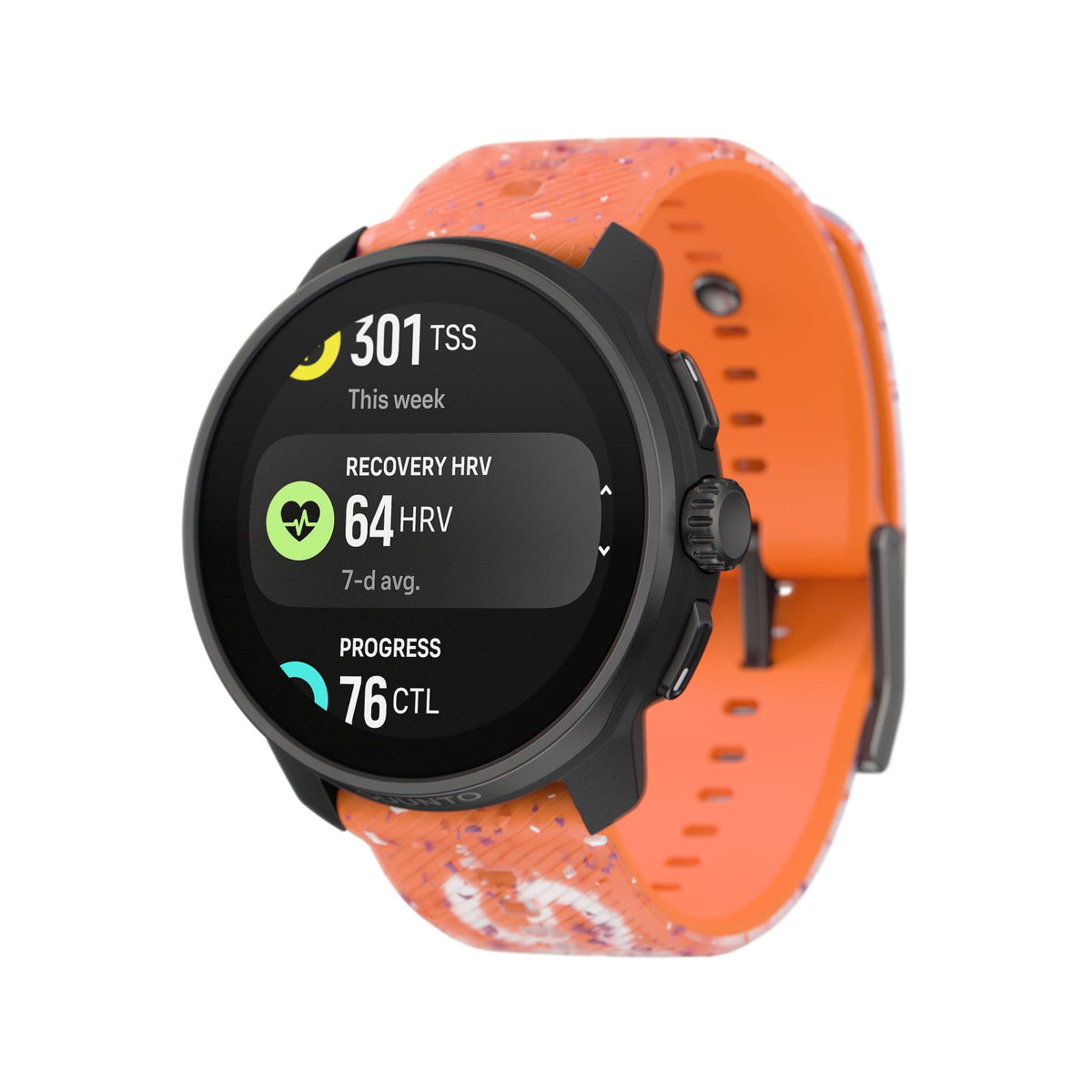 Suunto SS051016000 showing the fitness metric screen tracking recovery statistics, including a "64 HRV" 7-day average, "301 TSS" for the week, and "76 CTL" progress