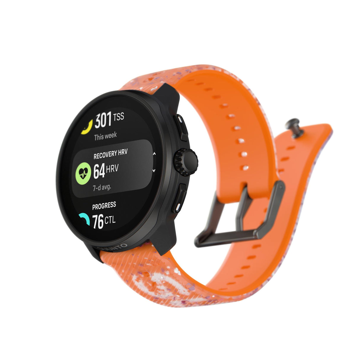 Suunto smart fitness watch highlighting the loop shape of the flexible orange silicone strap when buckled
