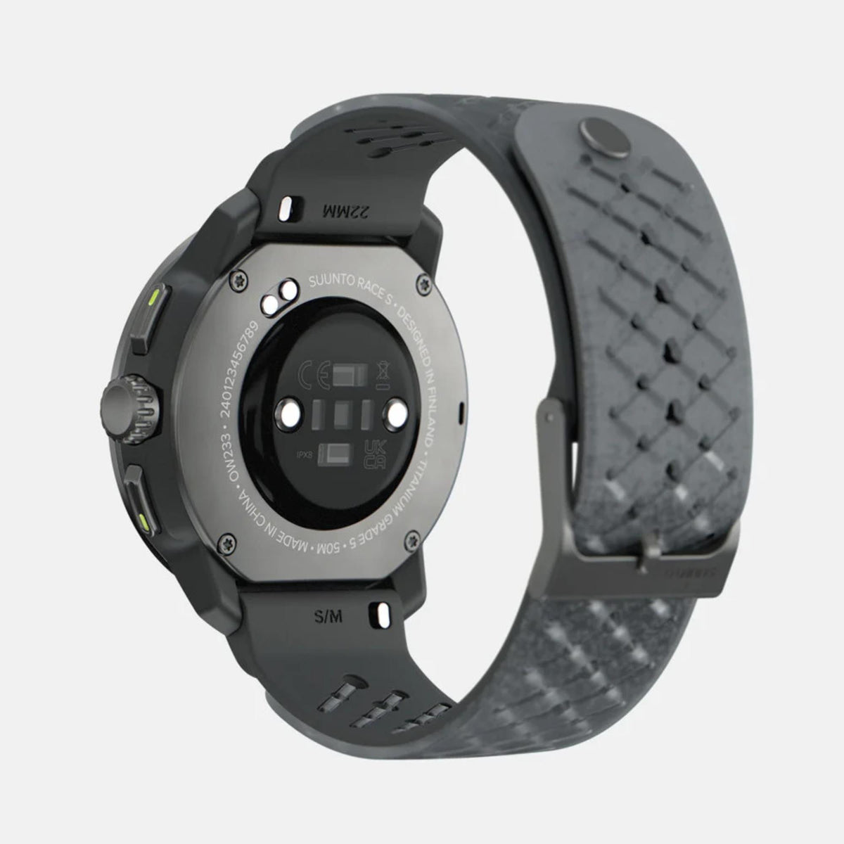 Suunto SS051104000 rear view with back case, charging pins, and optical sensors