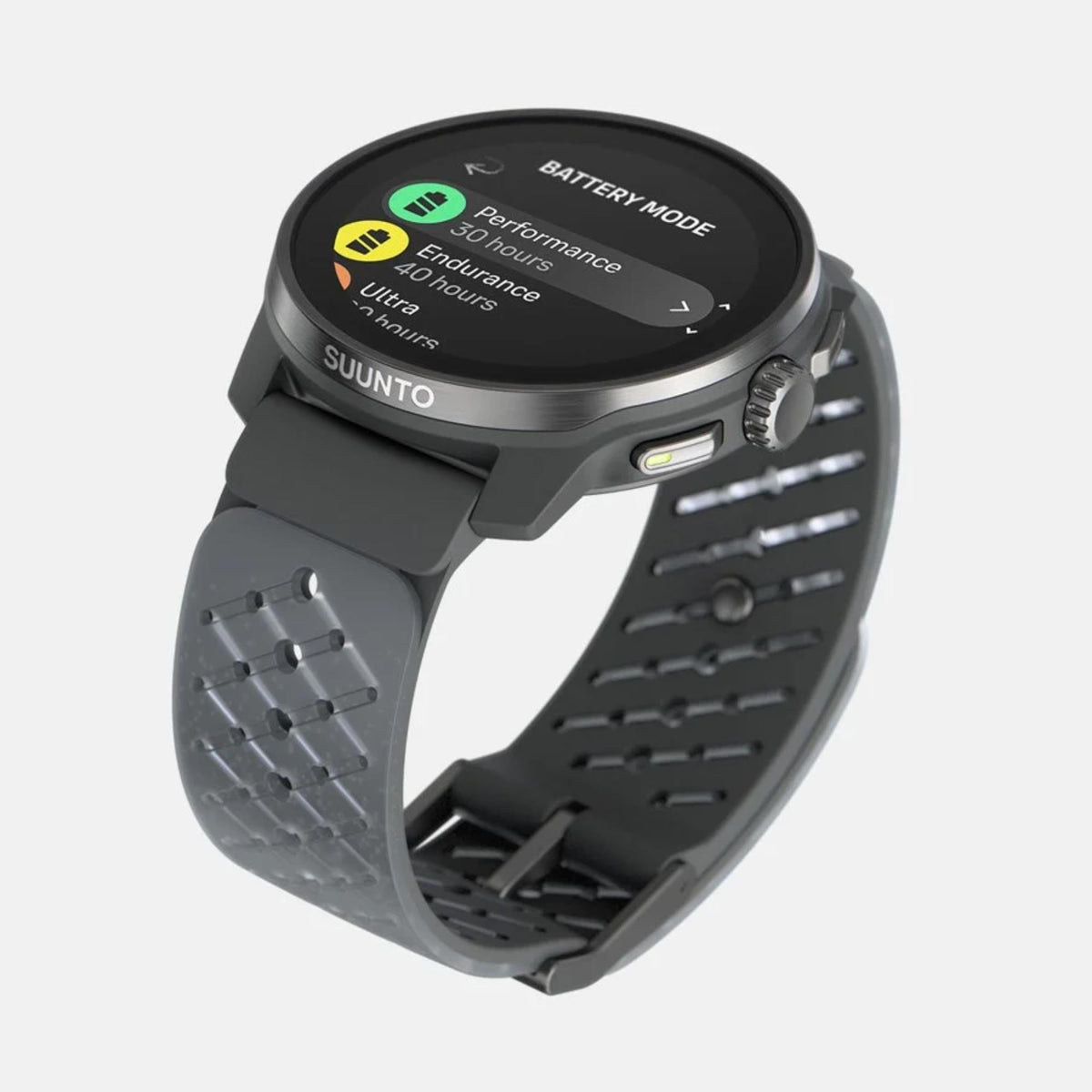 Suunto SS051104000 Race S smart fitness watch side view with battery mode options on AMOLED display