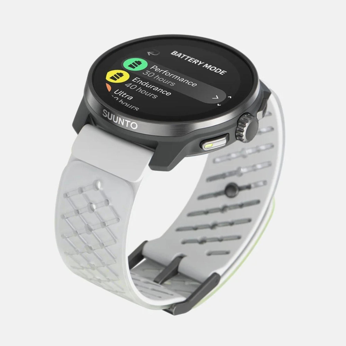 Side profile of Suunto Race smart watch showcasing the battery mode options on the display screen and the side buttons