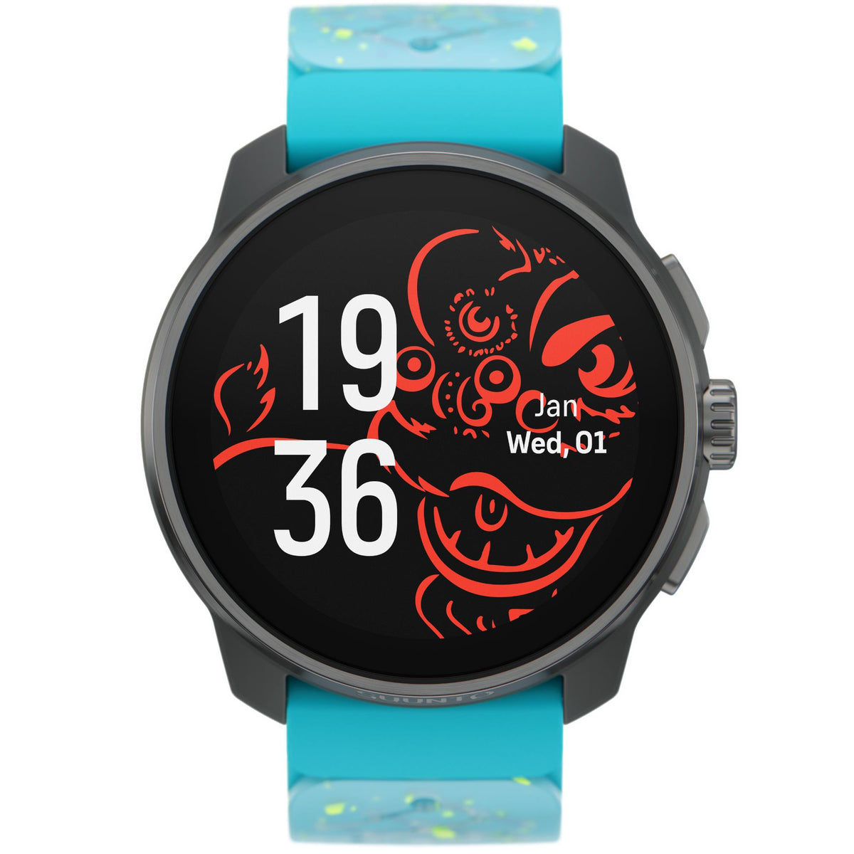 Suunto Race S Titanium Courtney smart fitness watch face showing a digital time layout with a bright turquoise strap