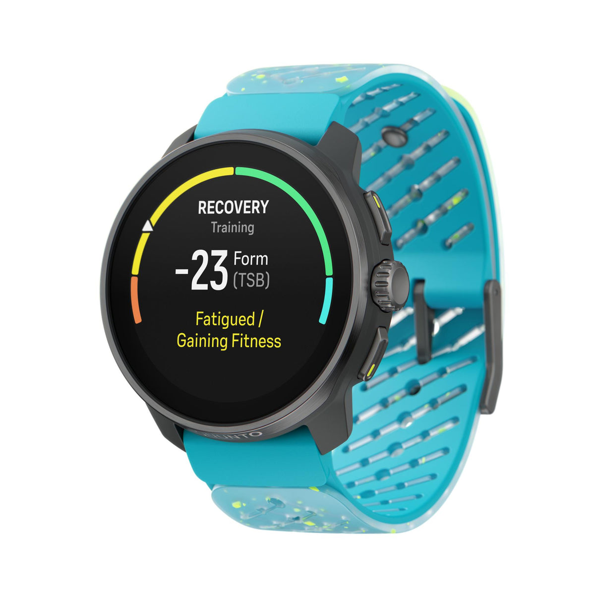 Angled view of Suunto SS051153000 smart watch highlighting a "RECOVERY" training screen with a multi-colored circular arc indicator on its display