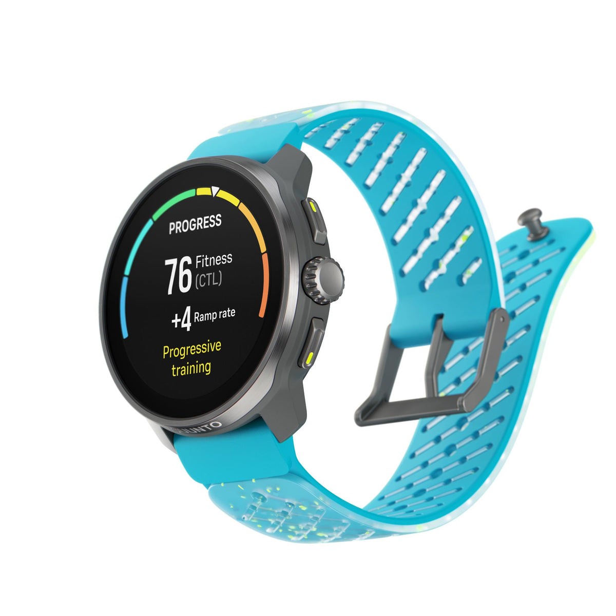 Angled view of Suunto Race S Titanium Courtney smart fitness watch displaying a "PROGRESS" metric layout with a perforated turquoise and lime green gradient silicone strap spread wide