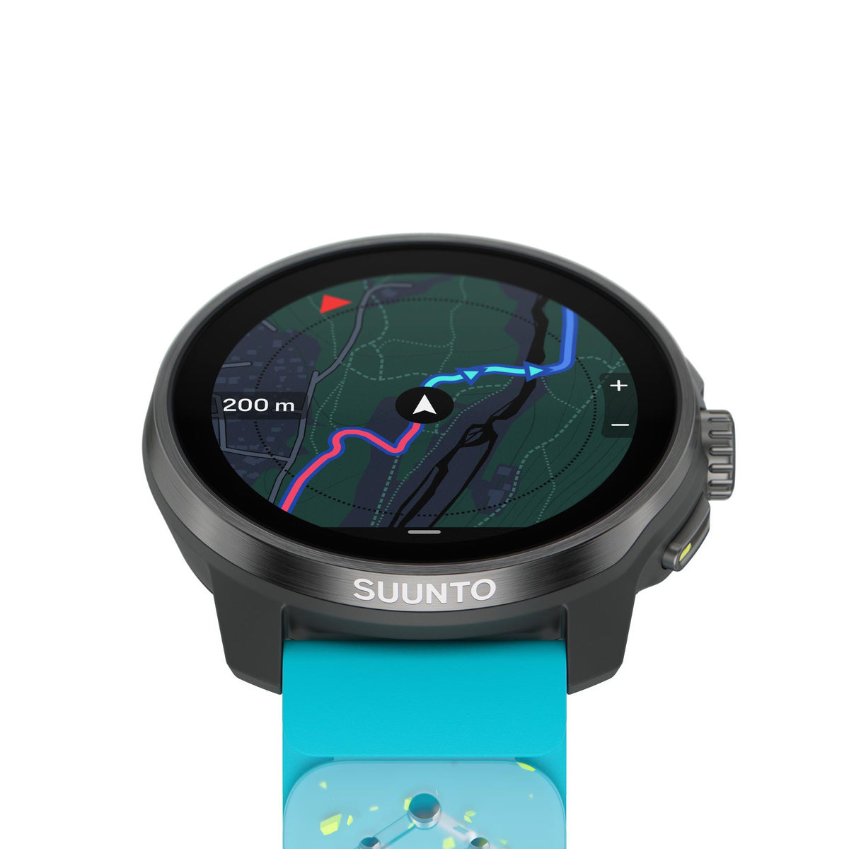 Close-up of Suunto SS051153000 smart watch face displaying a detailed vivid color navigation map interface with a tracked path
