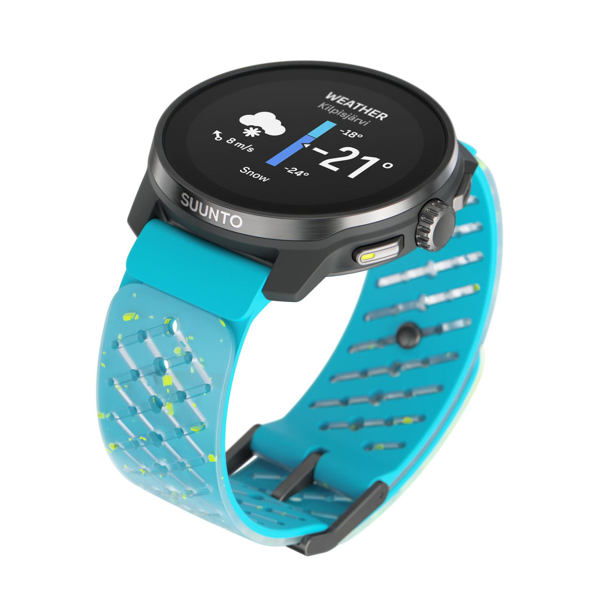 Angled view of Suunto Race S Titanium Courtney smart fitness watch showing a "WEATHER" forecast display screen with temperature trends