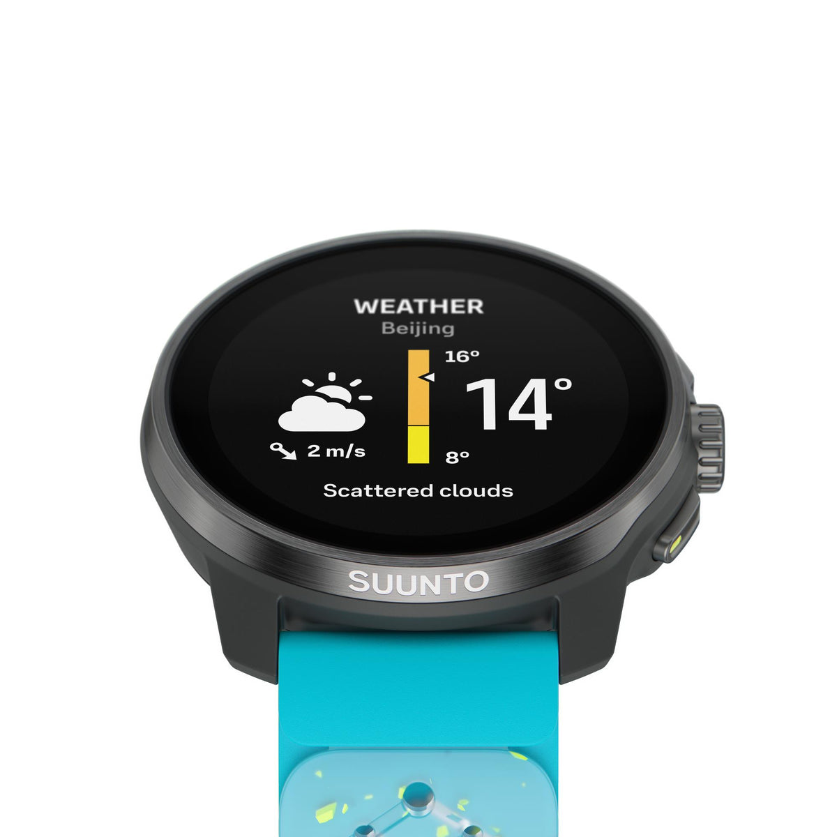 Front view focused on the circular screen of the Suunto SS051153000 smart watch displaying real-time weather information for Beijing