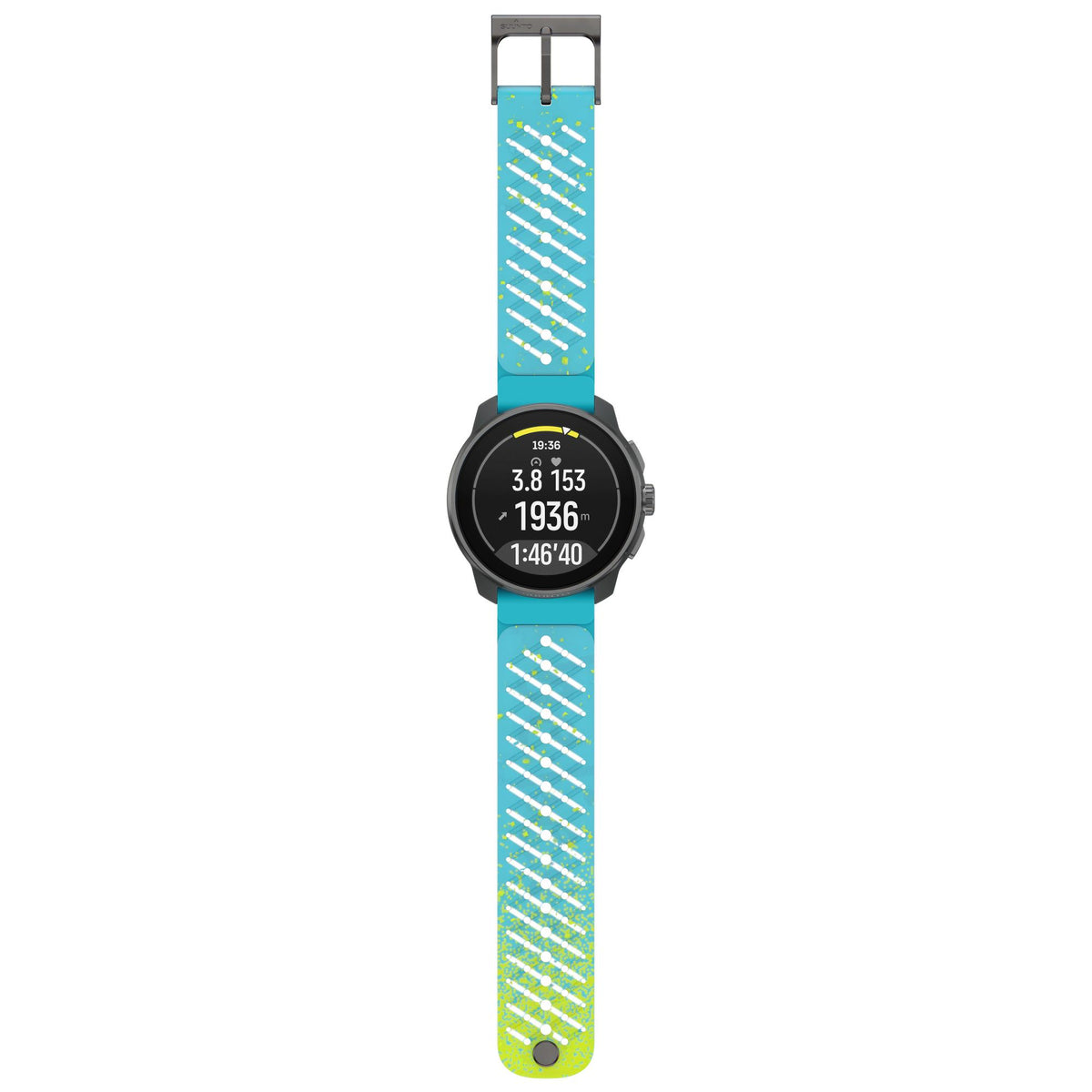 Suunto Race S smart SS051153000 watch showing the entire textured turquoise-to-lime green gradient silicone strap with its buckle