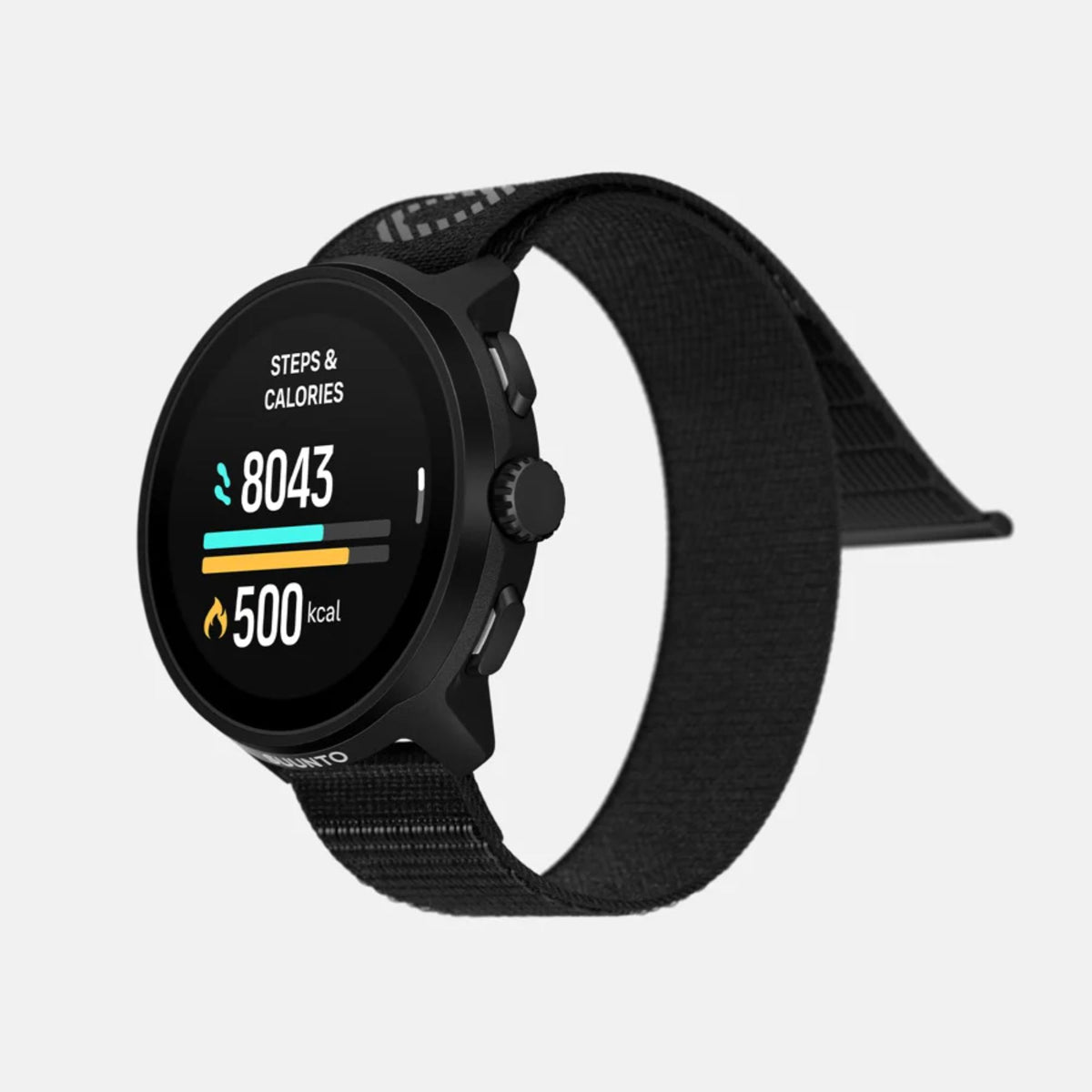 Black smartwatch with digital display on a light gray background