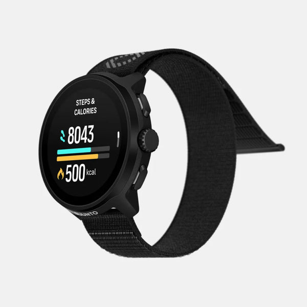 Black smartwatch with digital display on a light gray background