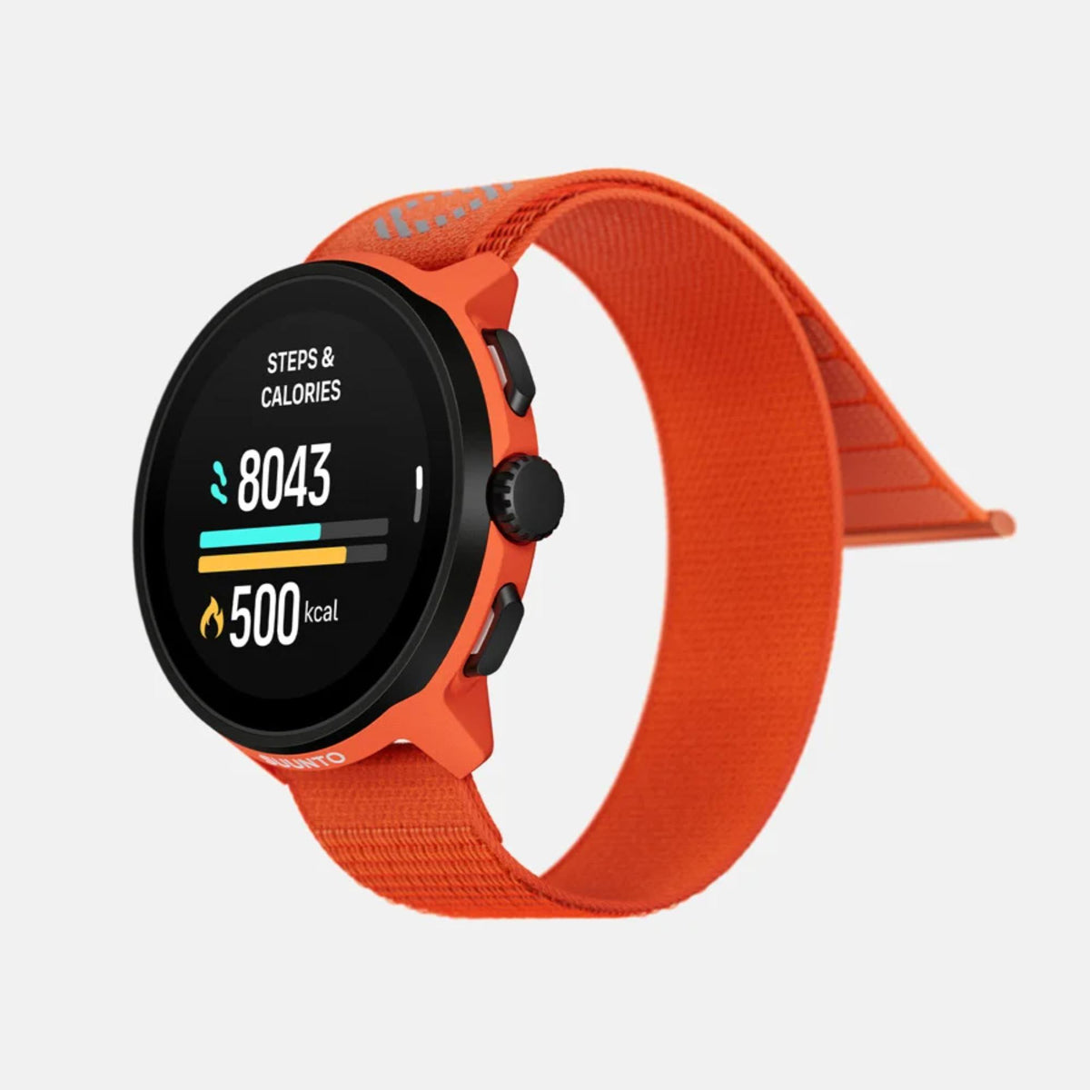 Coral orange AMOLED sports smartwatch with orange textile strap and black round display