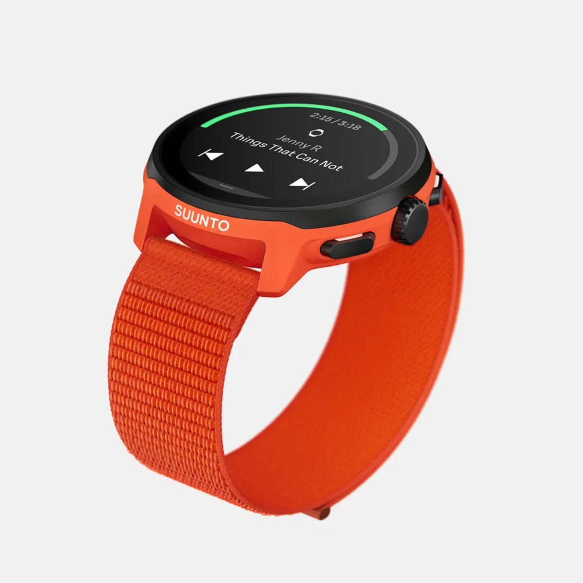 Coral orange sports smartwatch with orange textile strap and side buttons on black case
