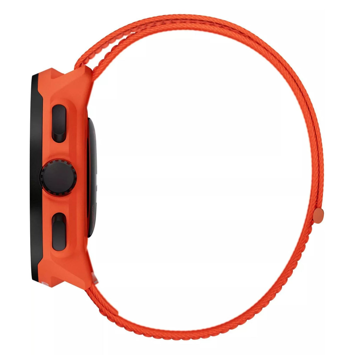 Coral orange watch case with black side buttons and orange braided textile strap