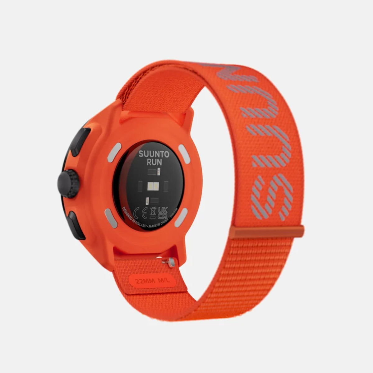 Coral orange sports smartwatch with orange textile strap and back sensor area