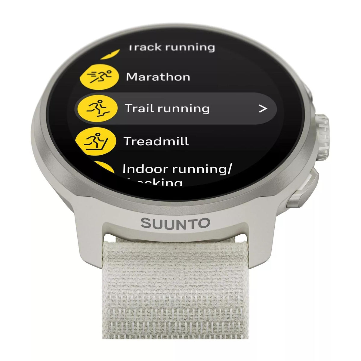 Suunto SS051110000 front angled view showing the running activity selection menu on the screen