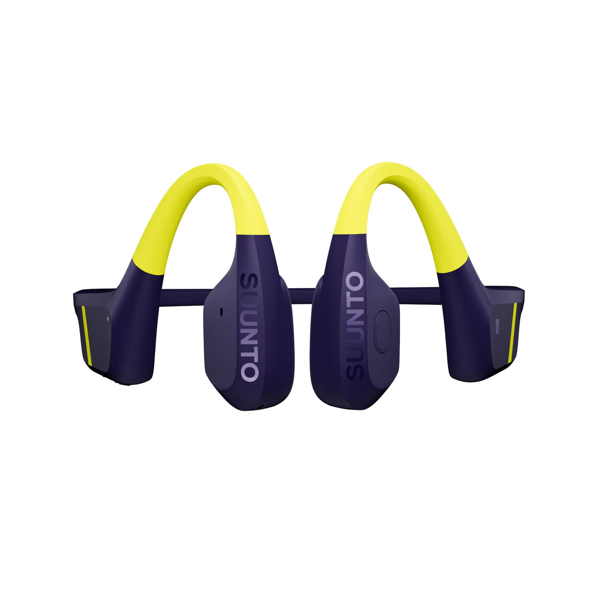 Suunto Aqua SS051108000 lime blue sports open-ear wireless headphones front perspective highlighting ear hook curvature and branded transducers