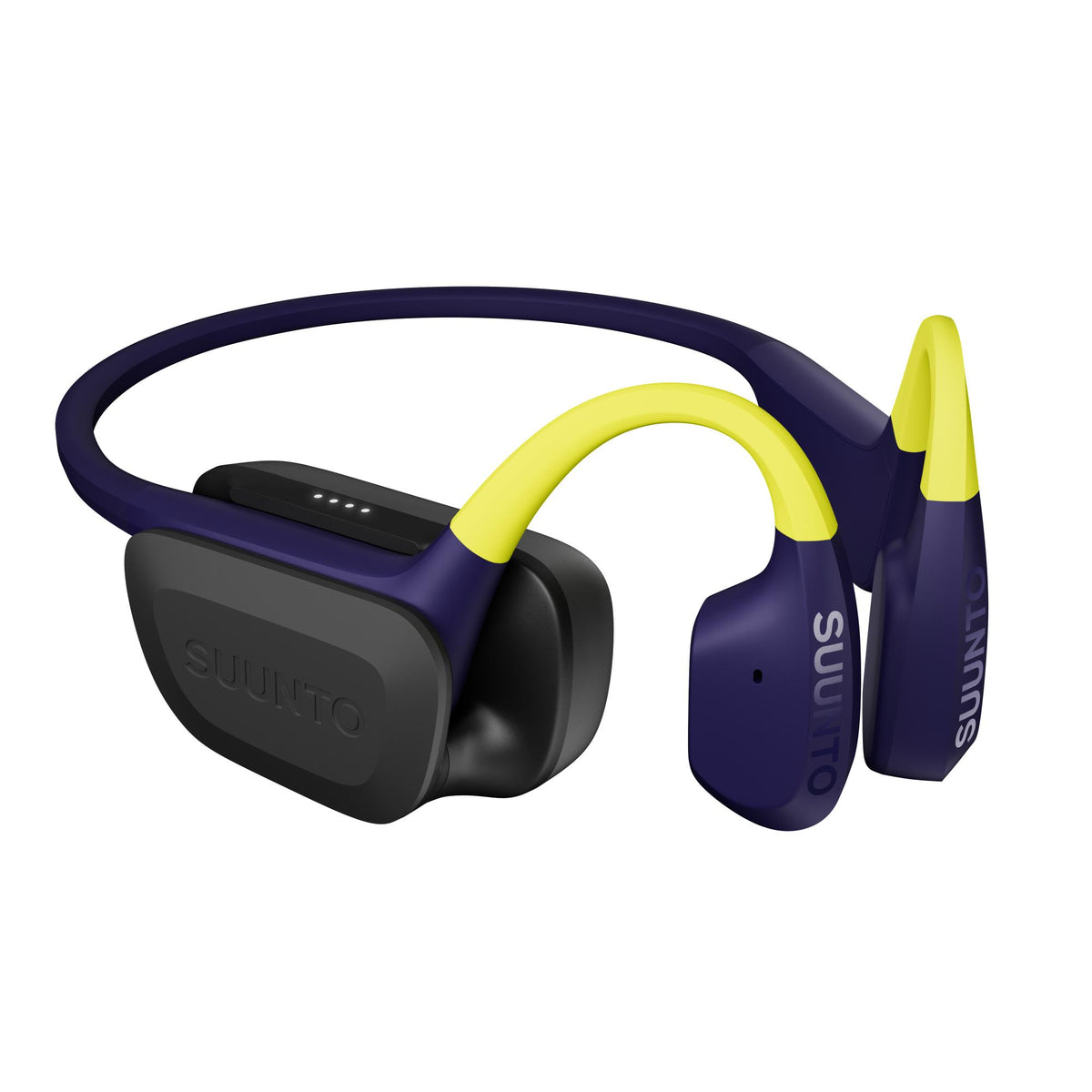 Suunto Aqua SS051108000 lime blue sports open-ear wireless headphones angled view attached to portable charging case