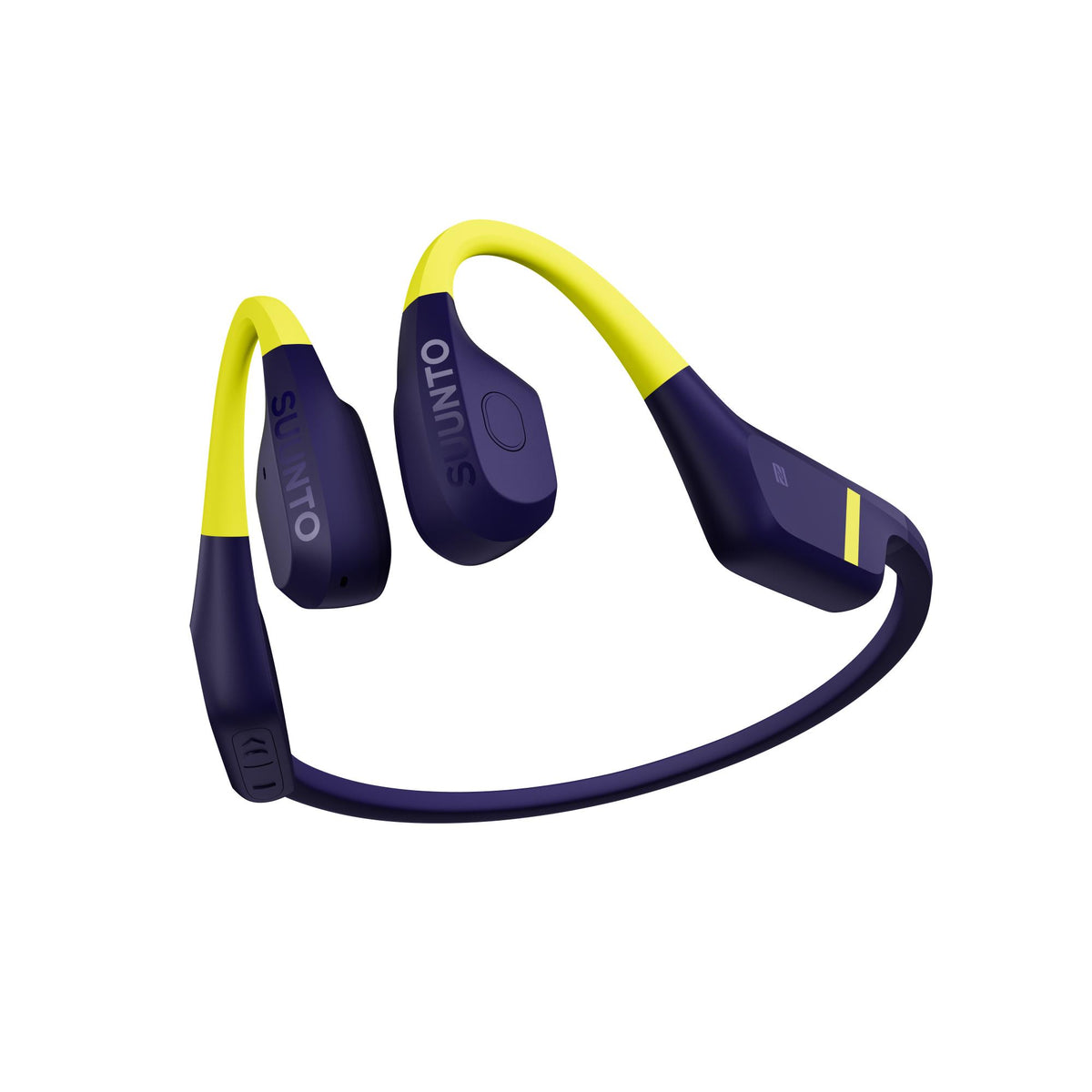 Suunto Aqua SS051108000 lime blue sports open-ear wireless headphones elevated angle displaying flexible neckband layout