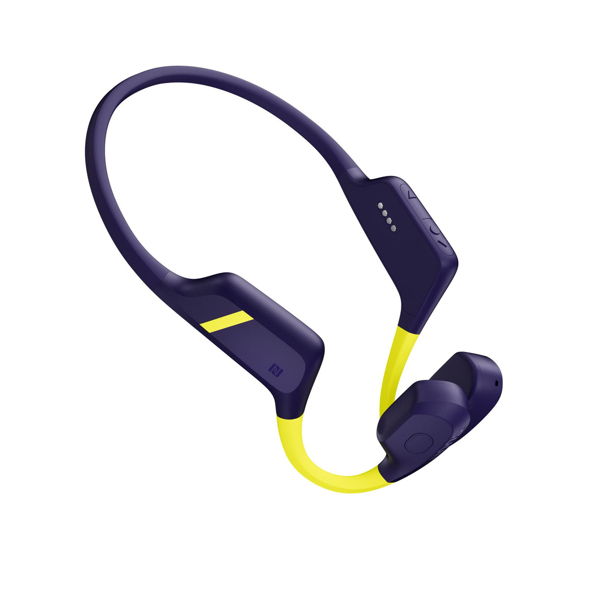 Suunto Aqua SS051108000 lime blue sports open-ear wireless headphones top-down perspective revealing integrated volume control buttons