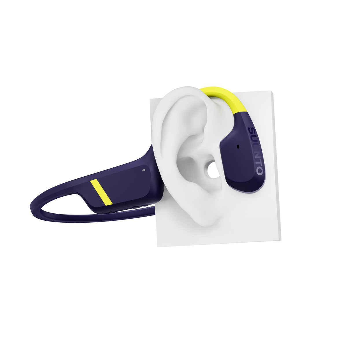 Suunto Aqua SS051108000 lime blue sports open-ear wireless headphones displayed on ear model showing ergonomic bone conduction fit