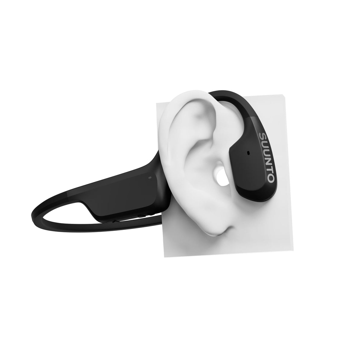 Suunto Aqua SS051023000 black sports open-ear wireless headphones displayed on ear model showing ergonomic bone conduction fit