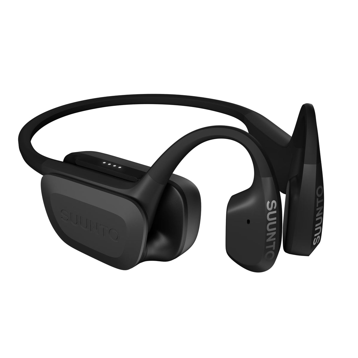 Suunto Aqua SS051023000 black sports open-ear wireless headphones angled perspective highlighting charging case integration and neckband curvature