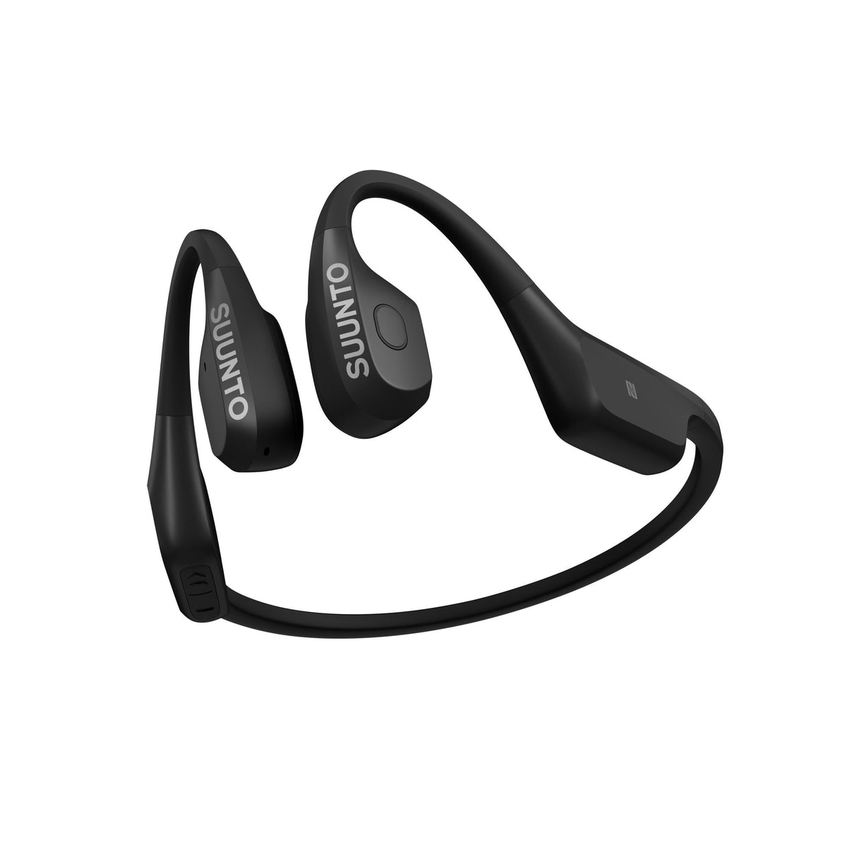 Suunto Aqua SS051023000 black sports open-ear wireless headphones top-down angle detailing integrated control buttons and flexible neckband