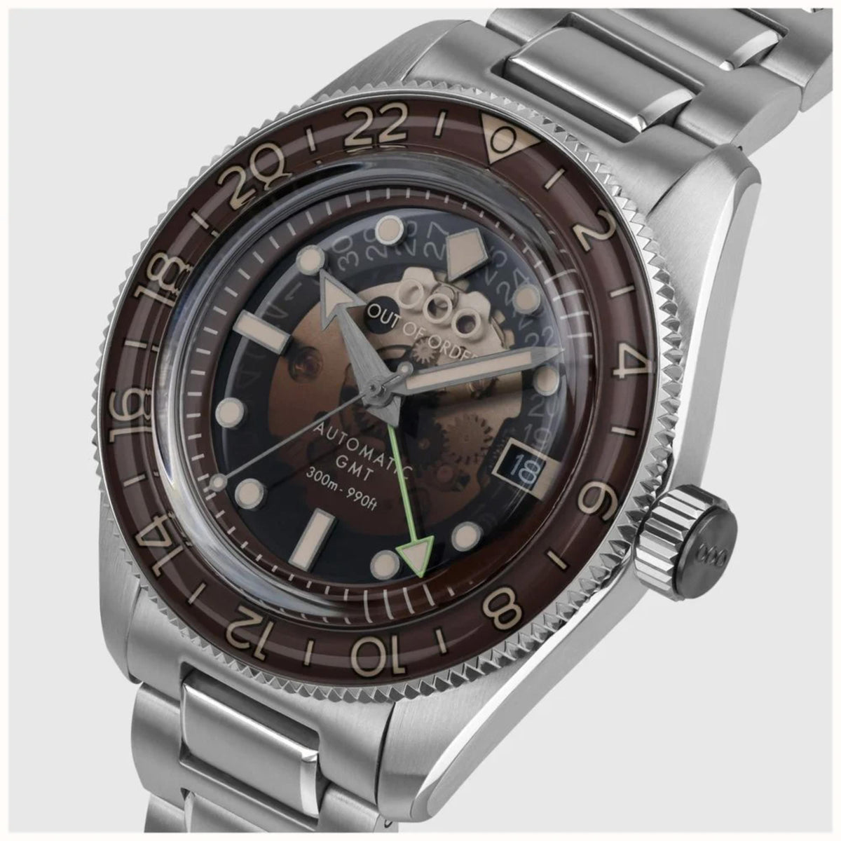 Men's automatic steel wristwatch with brown dial, bezel numerals, and side crown