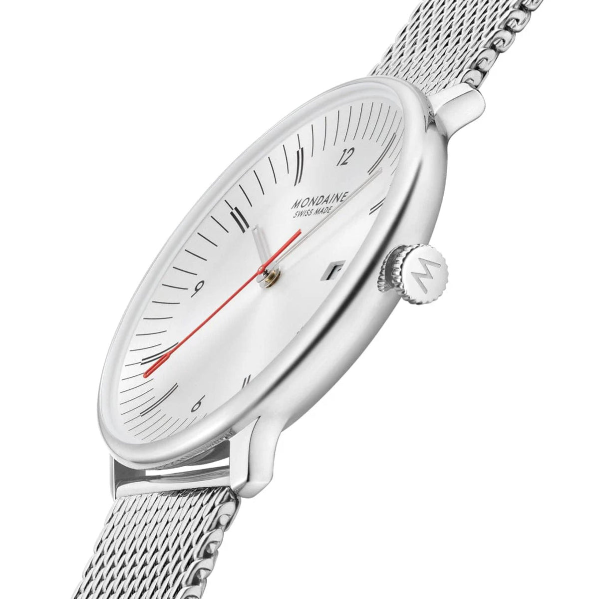 Mondaine Doppio MLE.41210.SM angled side view showing signature crown detail