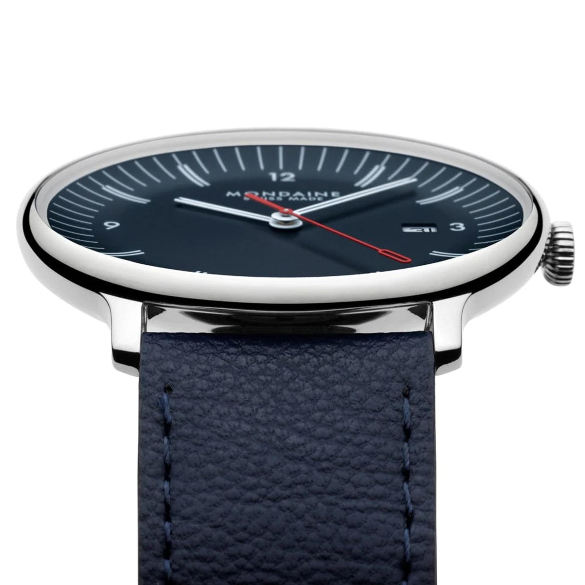 Mondaine Doppio MLE.41240.LQV.SET stainless steel case profile and fluted crown