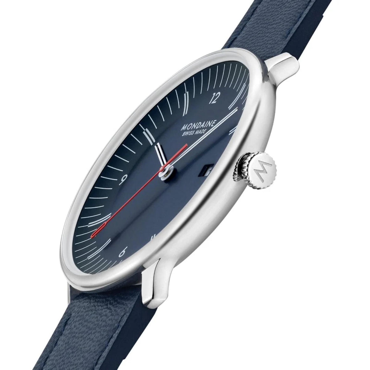 Mondaine Doppio MLE.41240.LQV.SET steel case and blue leather strap side angle
