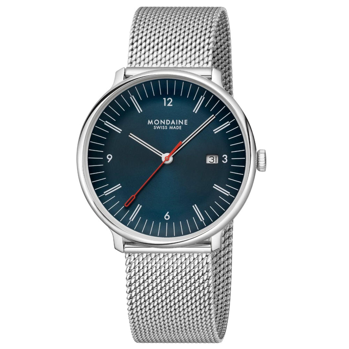 Mondaine Doppio MLE.41240.LQV.SET blue dial watch on silver-tone steel mesh bracelet