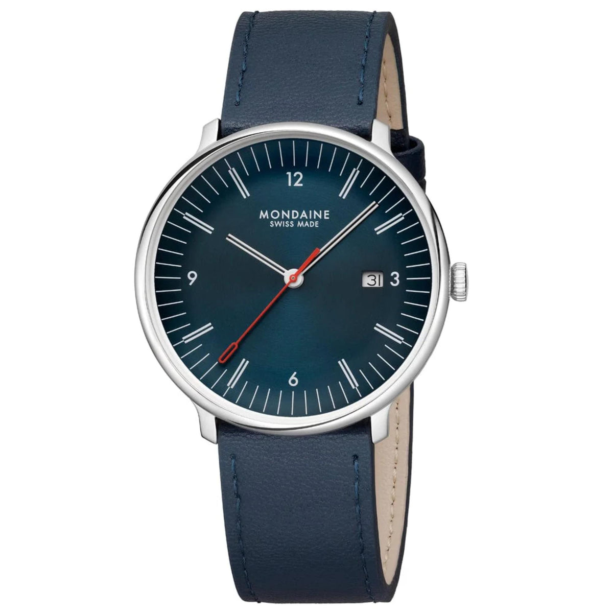 Mondaine Doppio MLE.41240.LQV.SET blue dial watch on blue leather strap