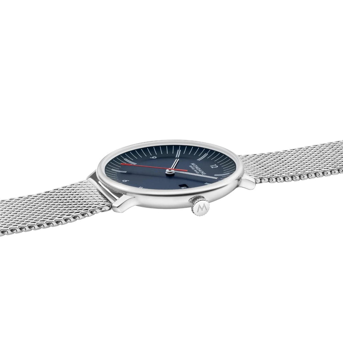 Mondaine Doppio MLE.41240.LQV.SET slim stainless steel case side profile with mesh strap