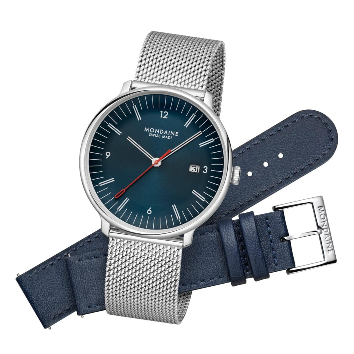 Mondaine Doppio MLE.41240.LQV.SET blue dial watch with interchangeable leather and steel straps