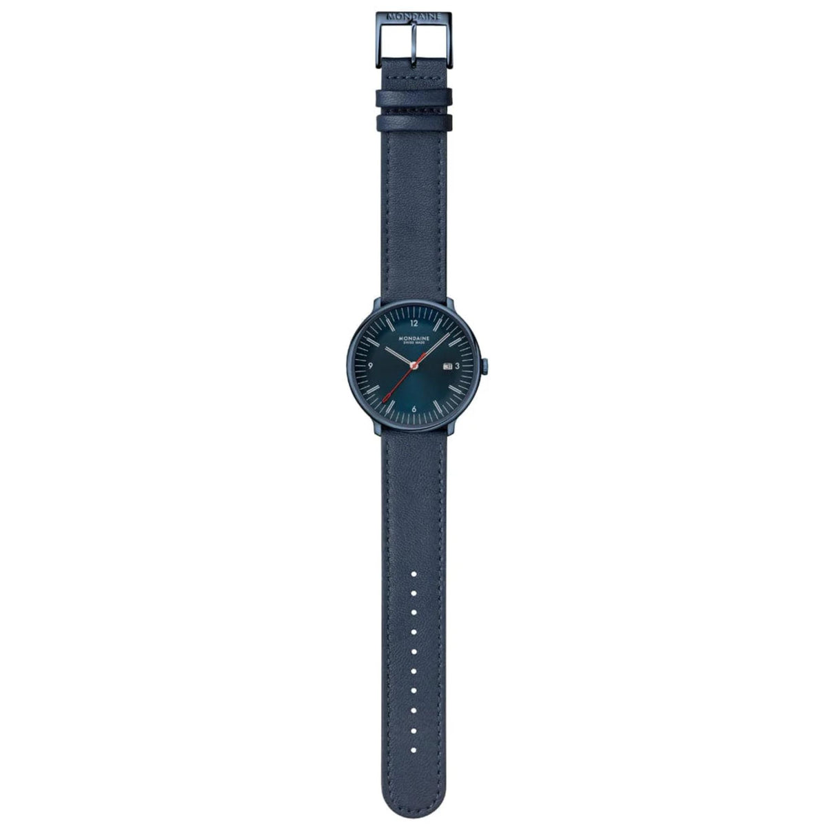 Mondaine Doppio MLE.41240.LDV fully unstrapped flat front view showing the blue leather strap and dial