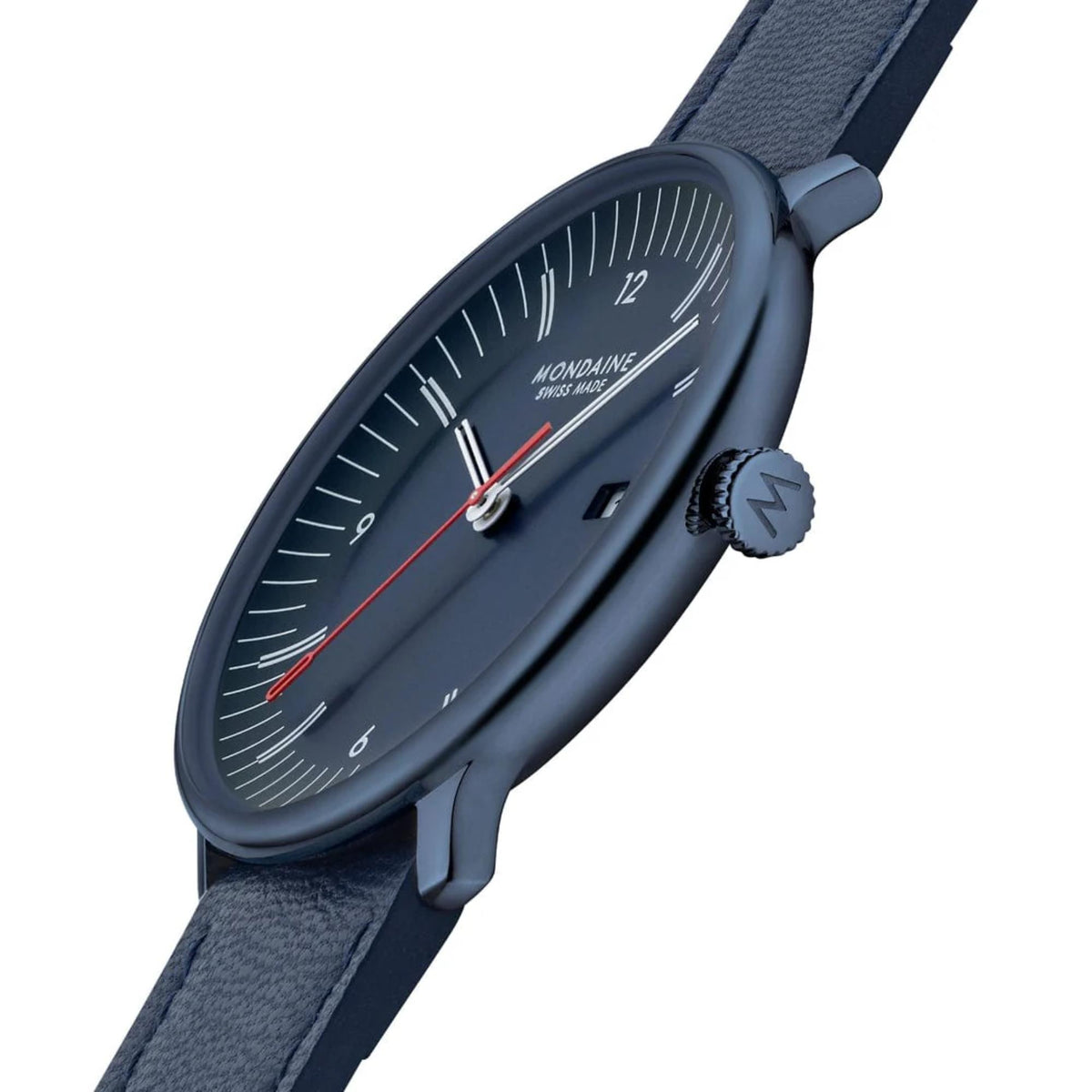 Mondaine Doppio MLE.41240.LDV side angle view highlighting the textured crown and slim case profile