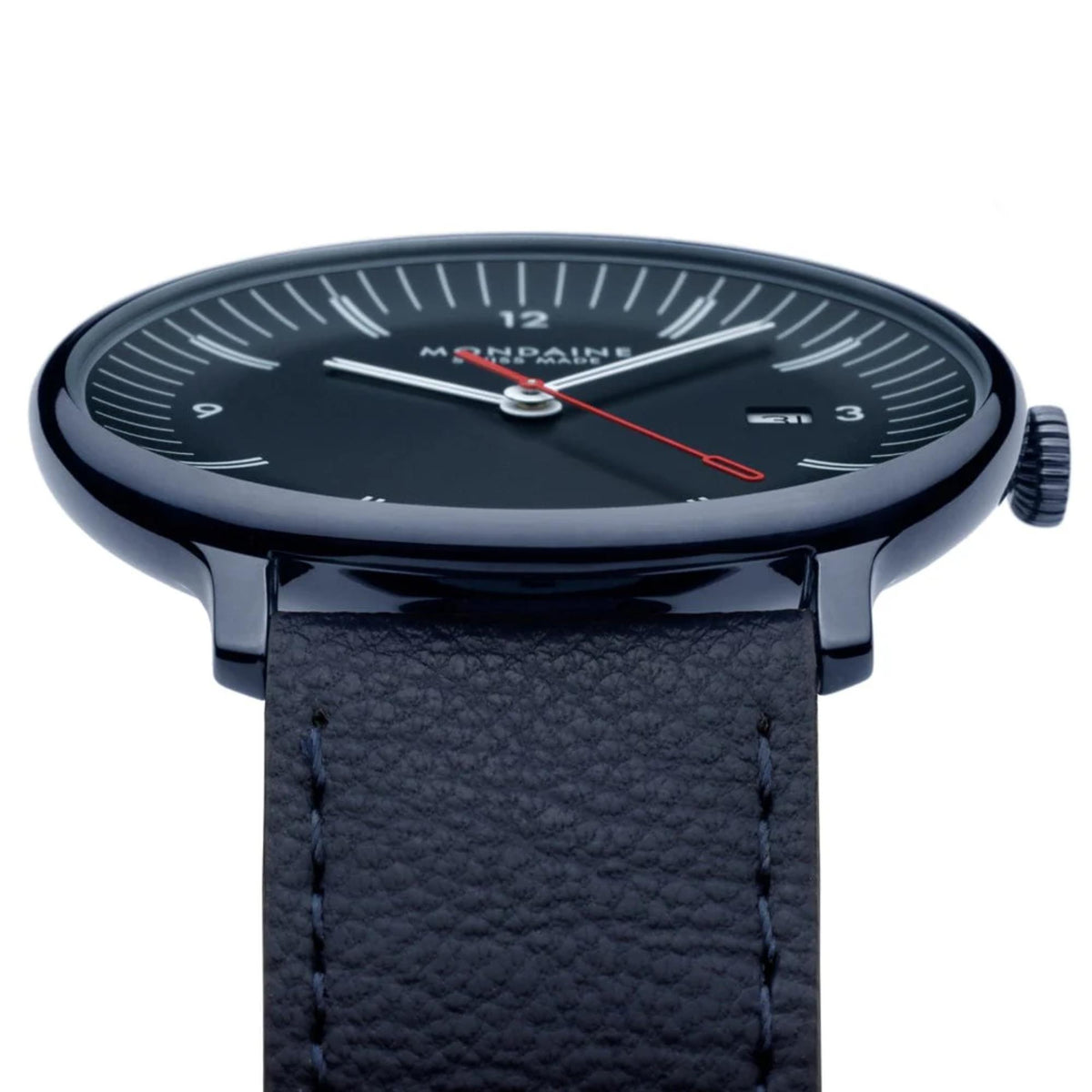 Mondaine Doppio MLE.41240.LDV side profile view of the case showing the blue textured leather strap stitching