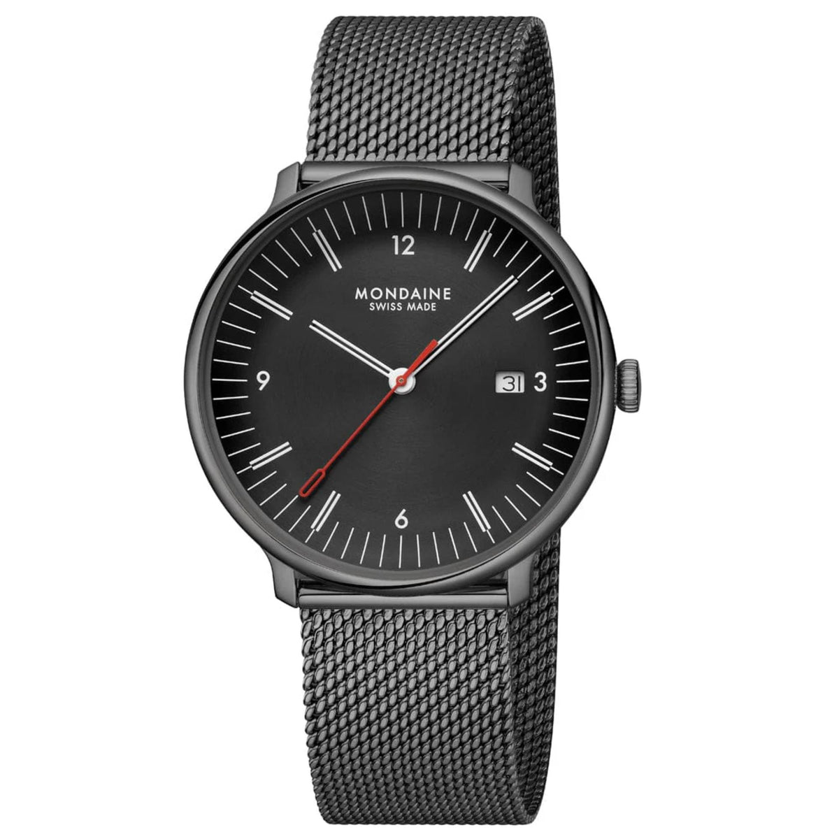 Mondaine Doppio quartz black dial steel strap men's watch MLE.41220.SM front view